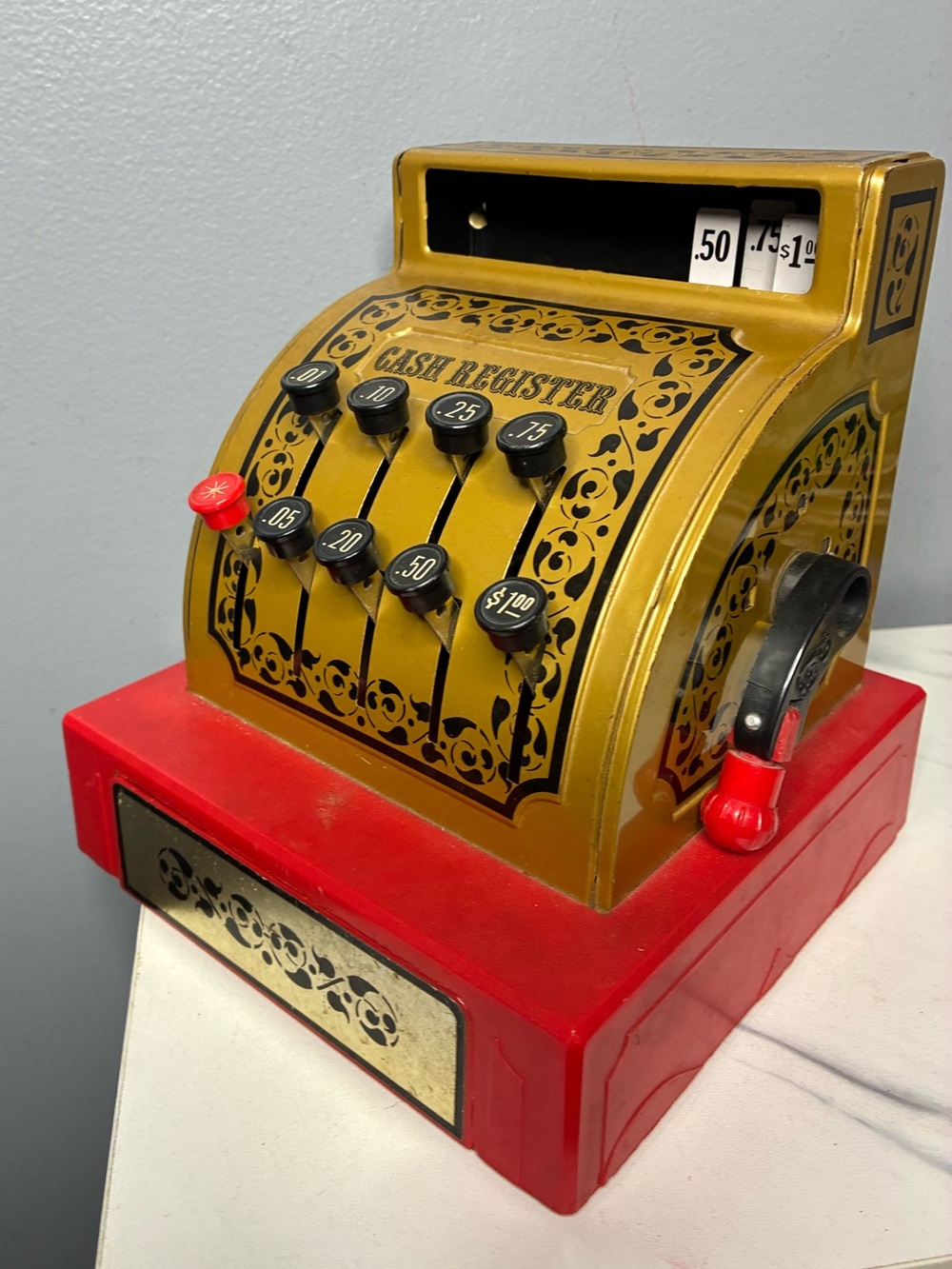 1976 Buddy L Toy Cash Register Gold Red Vintage Pretend Store Register